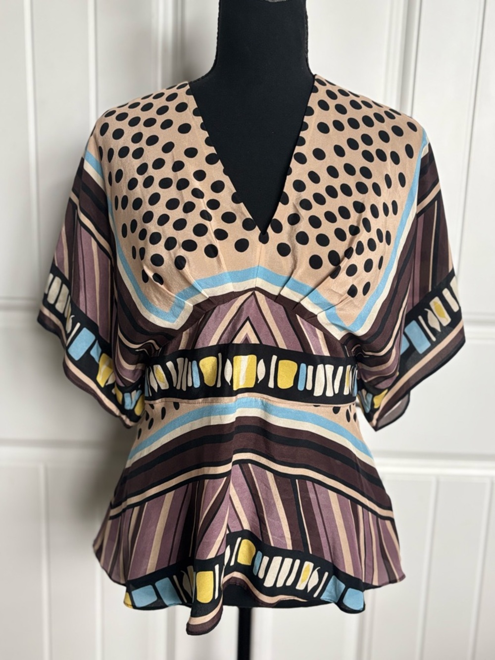 Mauve Geometric & Polka Dot V-Neck Tunic in Tan, Black, Blue & Yellow